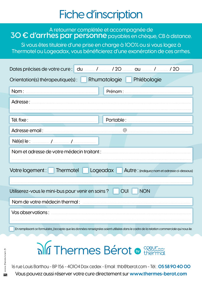 Fiche d'inscription Thermes Bérot